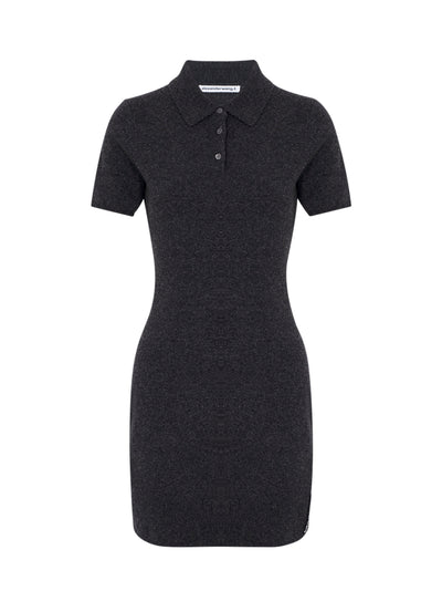 Wool-Blend Short Sleeve Polo Dress (Charcoal)