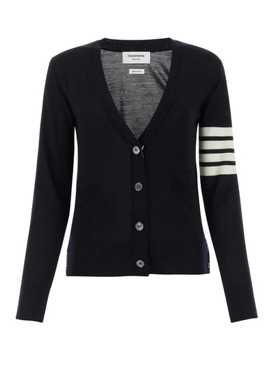 Wool 4-Bar Relaxed V-Neck Cardigan (Navy)