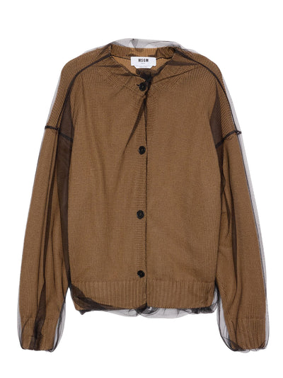 Wool Blend Cardigan with Tulle Layer (Beige)