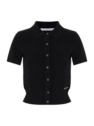 Wool Short Sleeve Polo Cardigan (Black)
