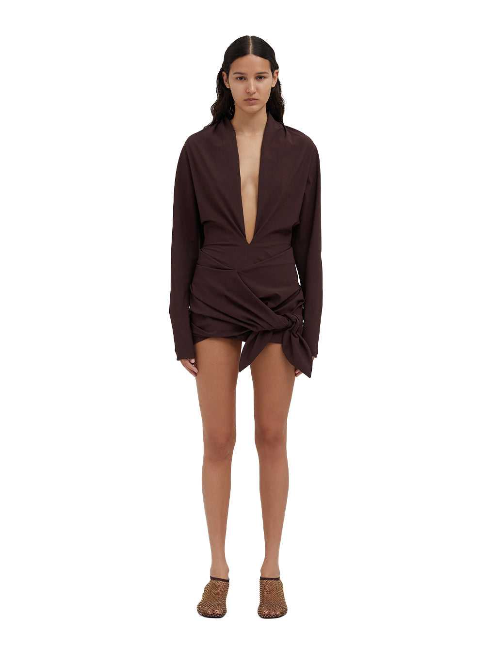 Wrapped Tie Dolman Mini Dress (Mahogany)