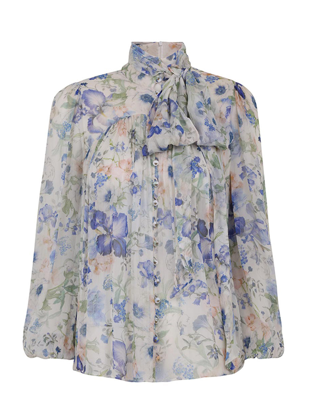 Natura Tie Neck Billow Top (Blue Garden Print)
