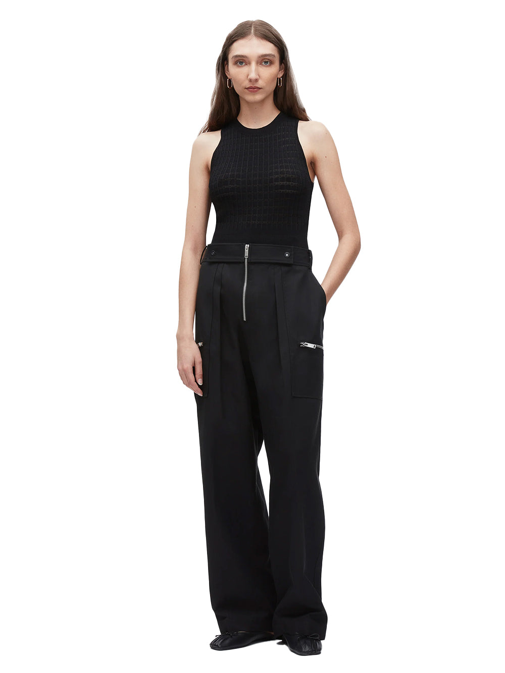 Zipper Detail Wide Leg Pants (Black)