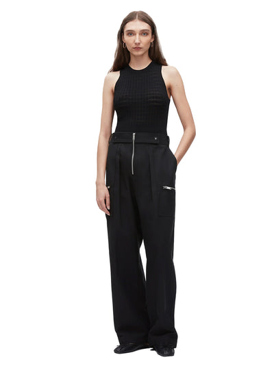Zipper Detail Wide Leg Pants (Black)