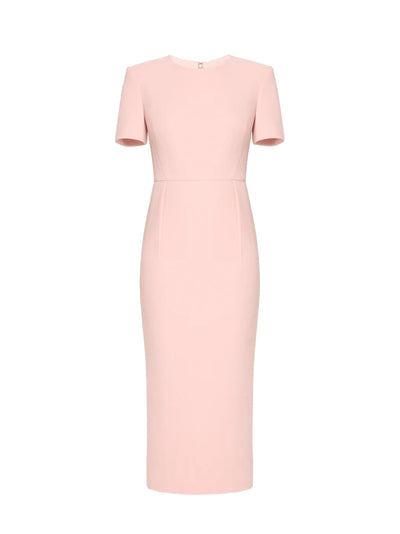 Short Sleeve Wool Crepe Midi Dress Pink