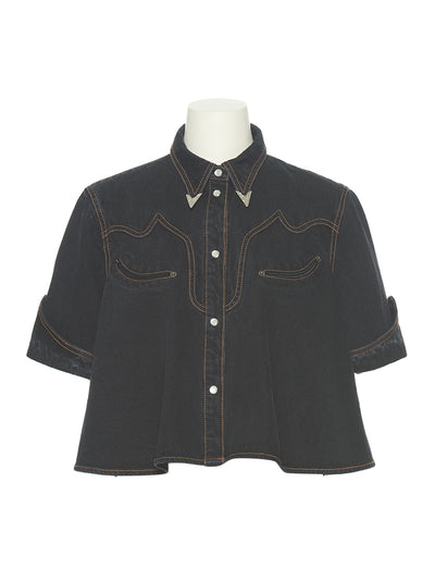 Western Pocket Crop Denim Shirt (Black)