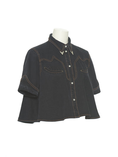 Western Pocket Crop Denim Shirt (Black)