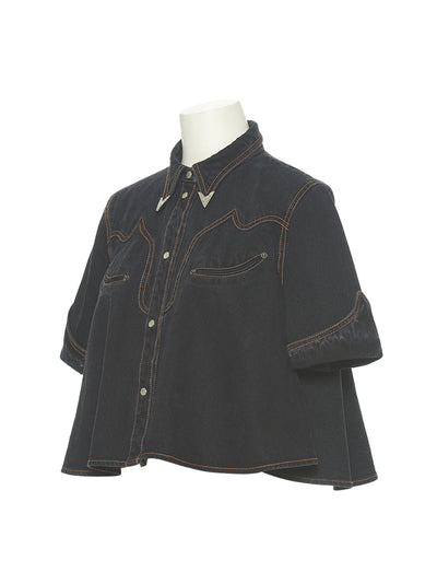 Western Pocket Crop Denim Shirt (Black)