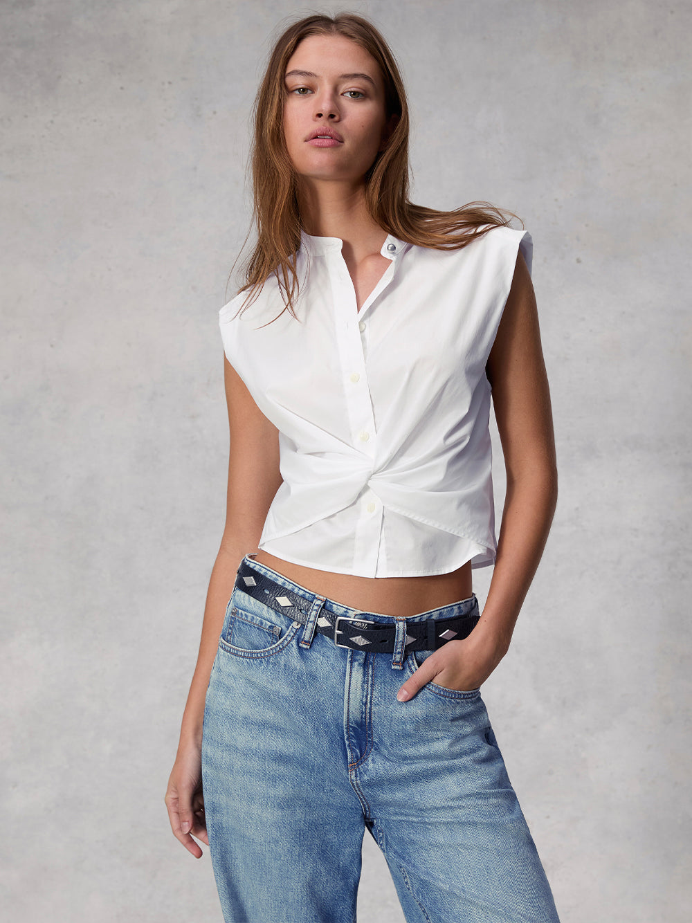 Louisa Sleeveless Poplin Shirt (White)