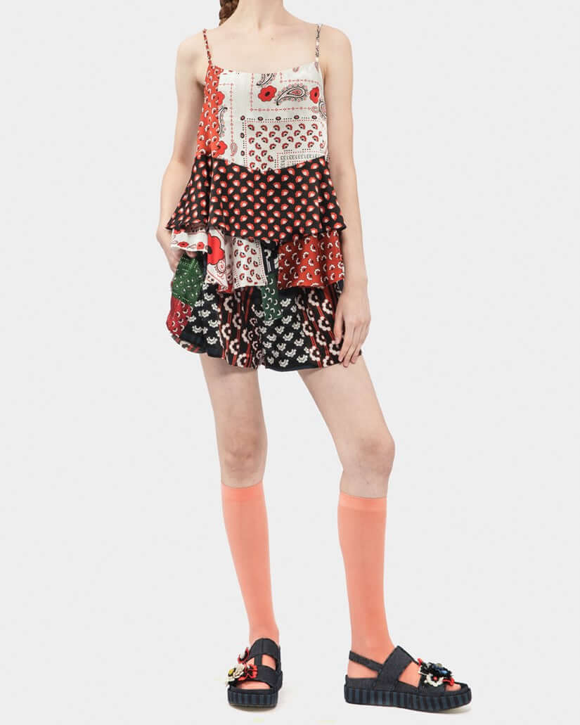Mix Satin Silk Print Peplum Camisole Top