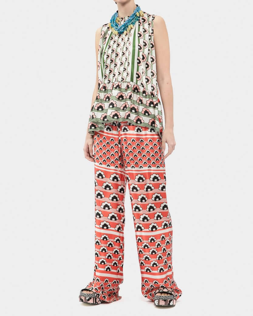 Satin Silk Print Peplum Sleveless Top