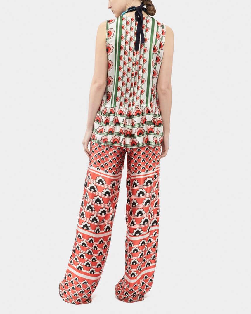 Satin Silk Print Peplum Sleveless Top