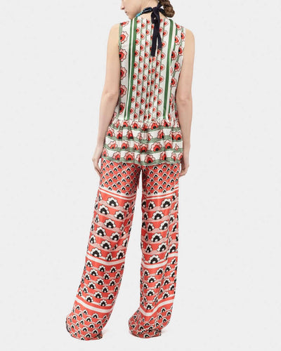 Satin Silk Print Peplum Sleveless Top