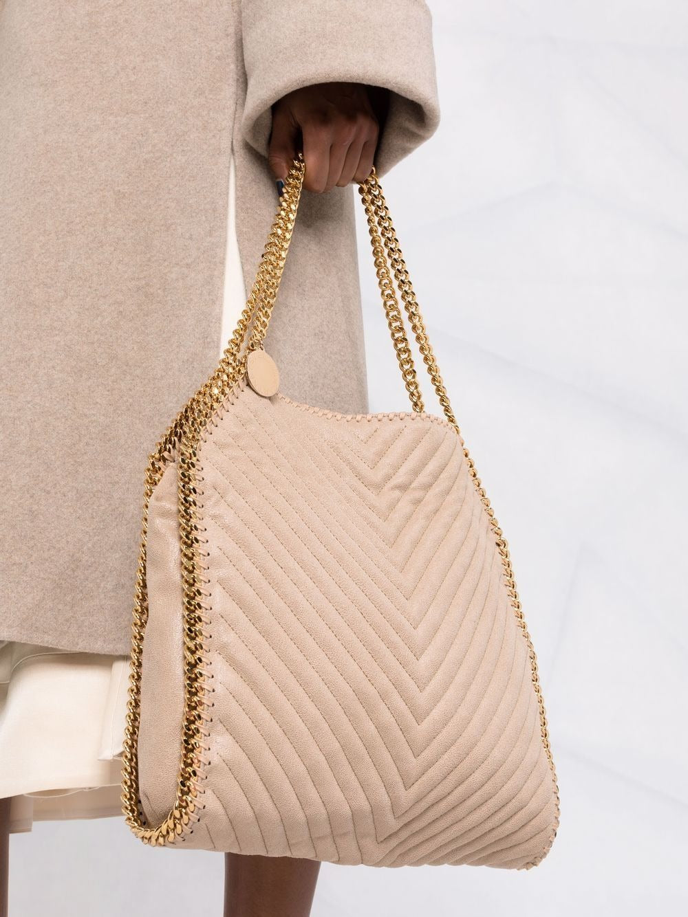 Falabella Chevron Small Tote Bag with Gold Color Chain (Butter Cream)