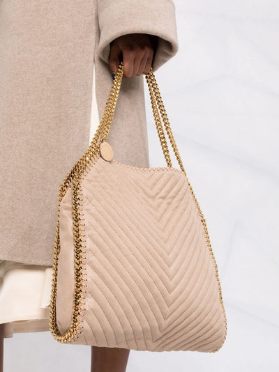 Falabella Chevron Small Tote Bag with Gold Color Chain (Butter Cream)