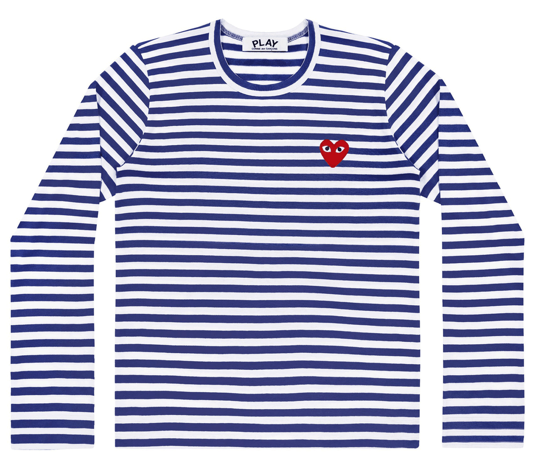 Comme-des-Garcons-Play-Striped-T-Shirt-With-Red-Emblem-Men-Blue-1