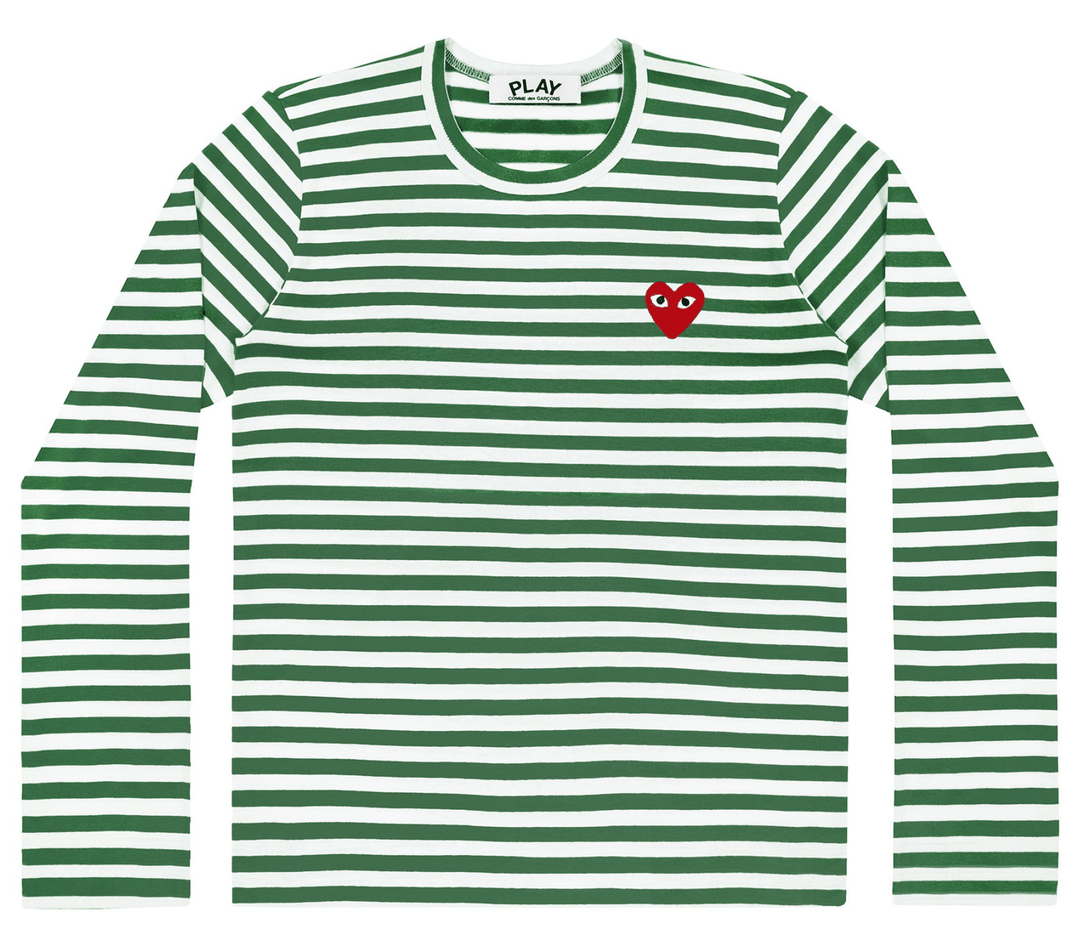 Comme-des-Garcons-Play-Striped-T-Shirt-With-Red-Emblem-Men-Green-1