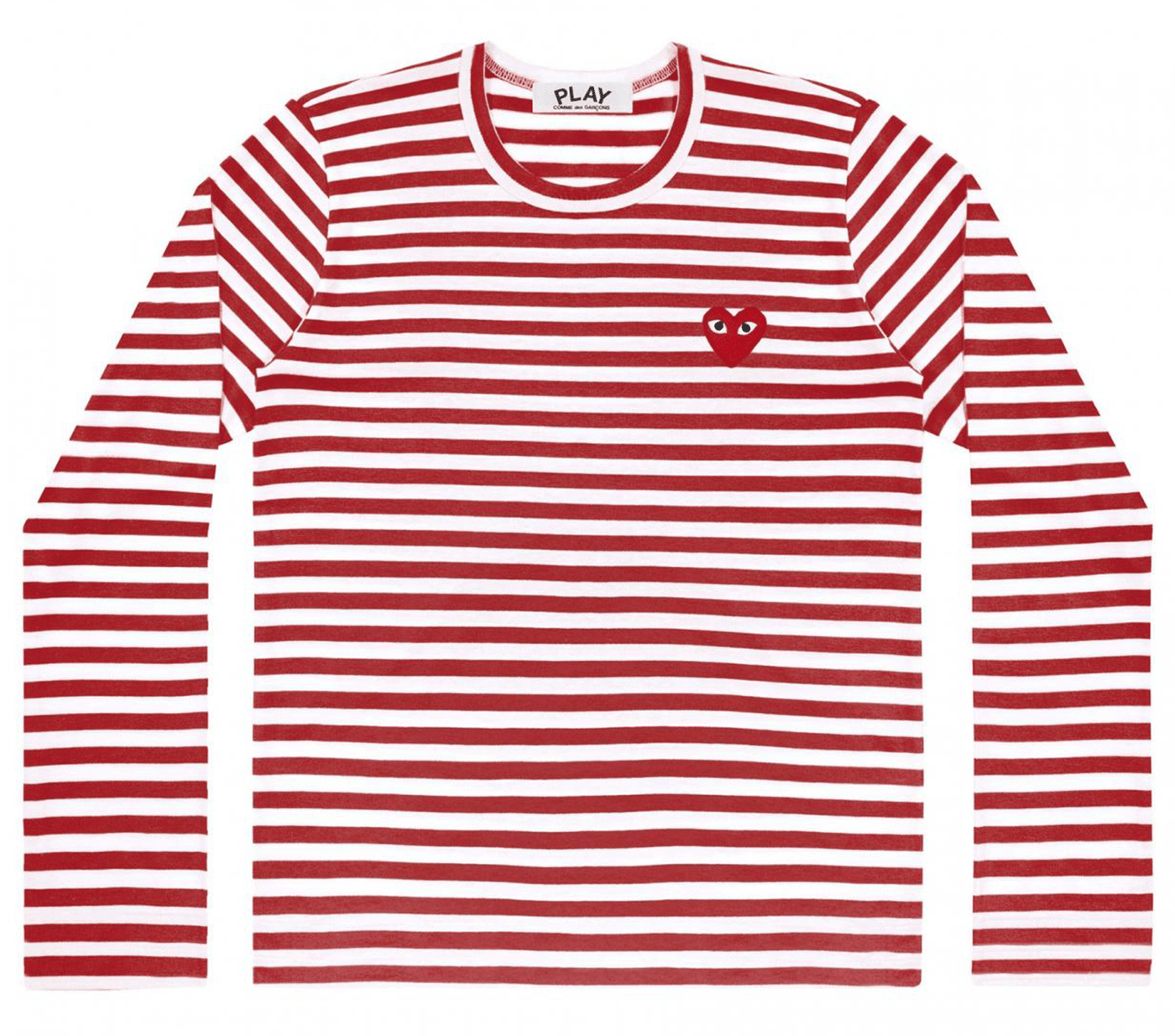 Comme-des-Garcons-Play-Striped-T-Shirt-With-Red-Emblem-Men-Red-1