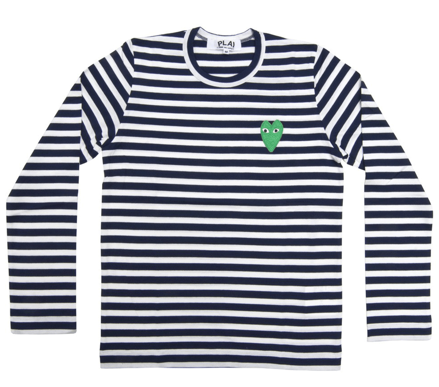 Comme-des-Garcons-Play-Striped-T-Shirt-with-Long-Green-Heart-Men-Blue-1