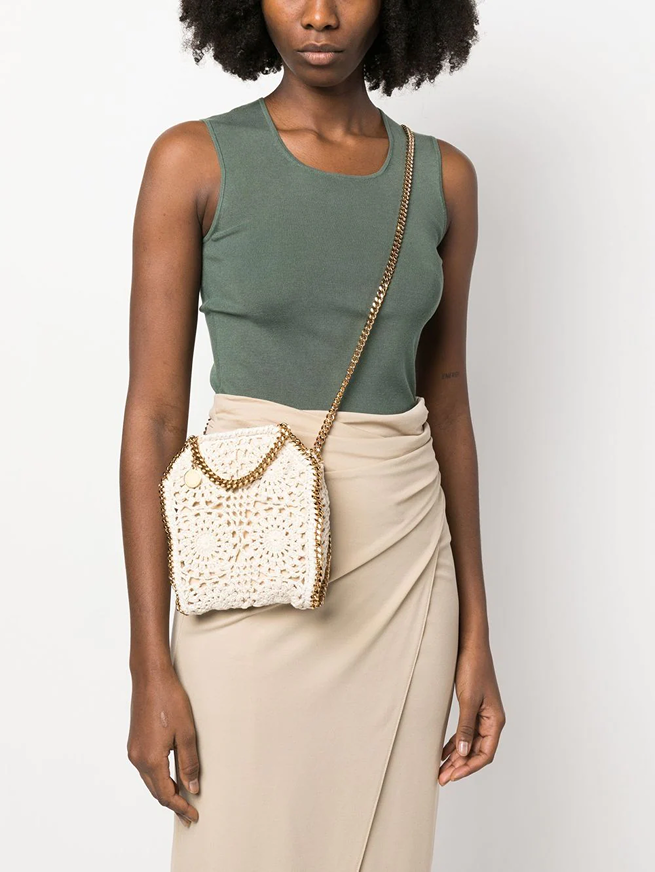 Falabella Cotton Crochet Tiny Tote Bag with Gold Color Chain (Natural Beige)