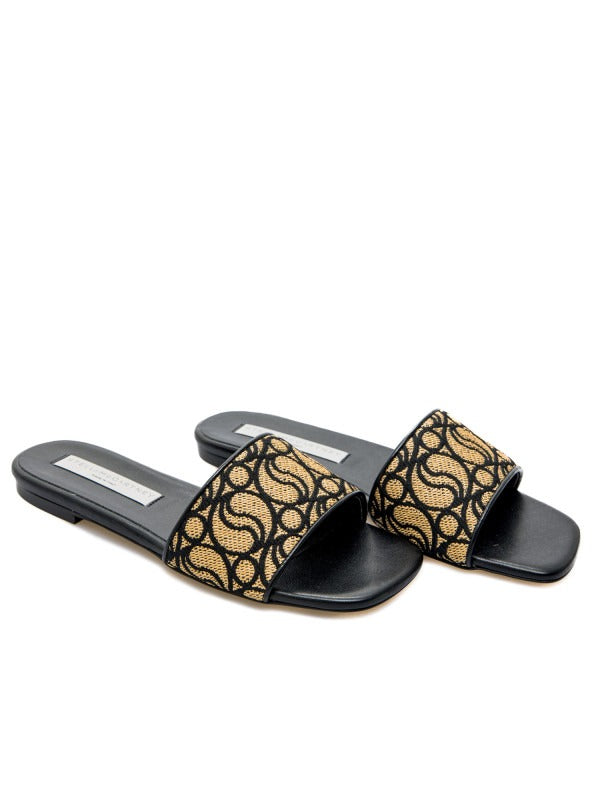 Signature Raffia and Leather Flat Slides (Black)