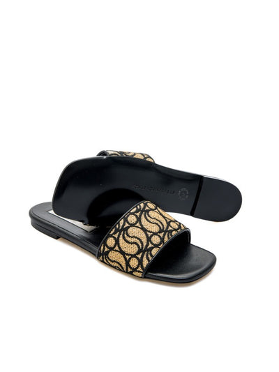 Signature Raffia and Leather Flat Slides (Black)