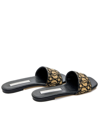 Signature Raffia and Leather Flat Slides (Black)